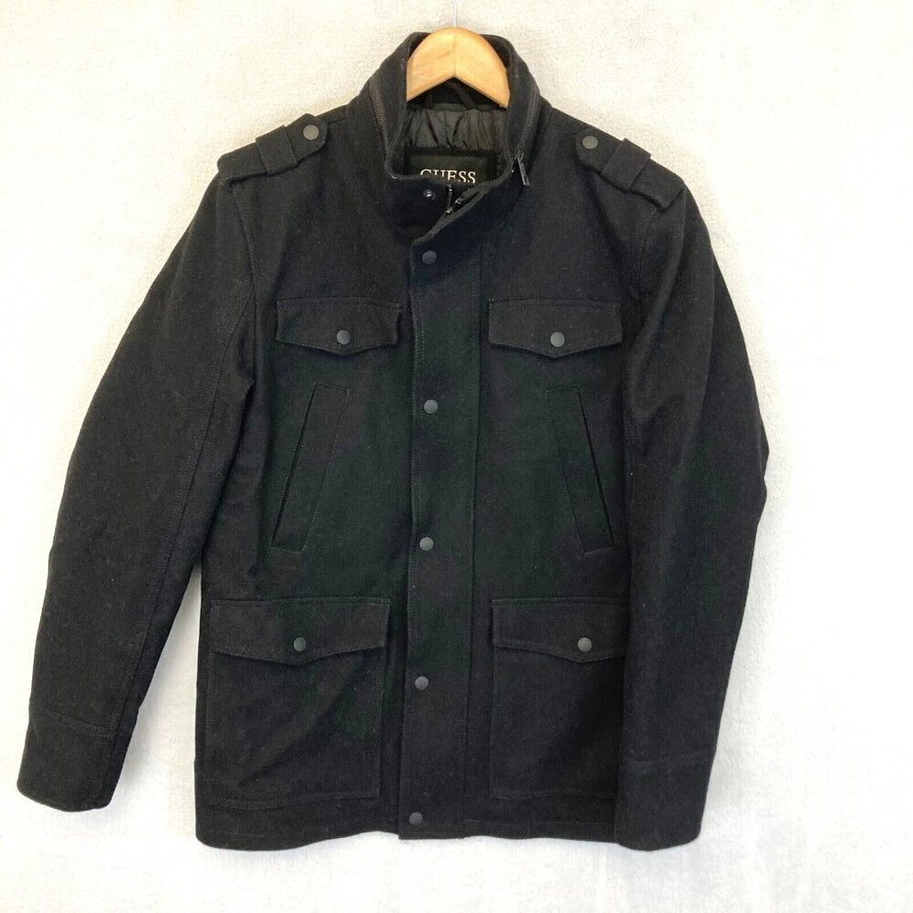 Guess Mens Heavy Wool Blend Jacket Medium Black Quilted Lined Pockets Y2K Style